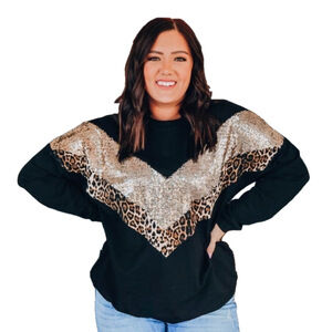 Boutique Womens Cheetah Print Long Sleeve Top Small Sequin